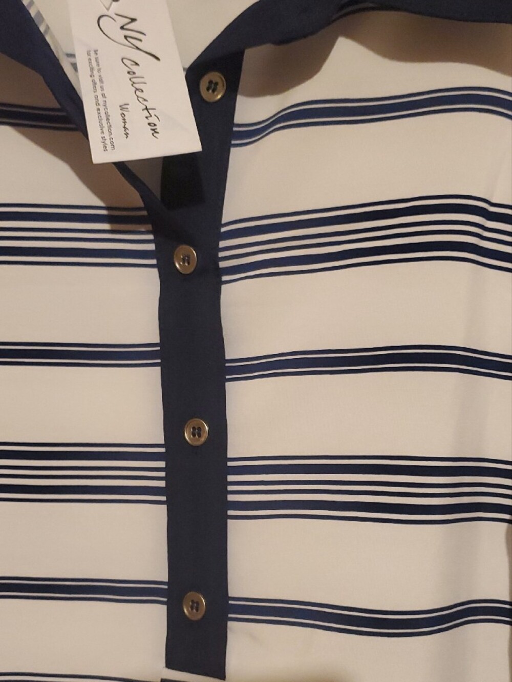 NY Collection White & Navy Striped Button-Down Polo Shirt - Picture 4 of 9